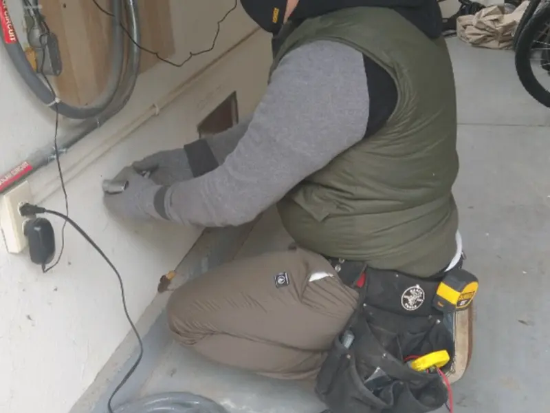 Electrician performing outlet wiring in a Daytona Beach Shores garage